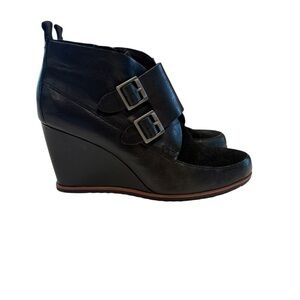 Stylish Black Leather and Suede Wedge Ankle Boots